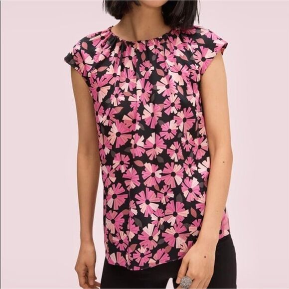 Kate Spade Wallflower Tie Neck Blouse Top Shell Pink Black Floral Printed S - Picture 3 of 7